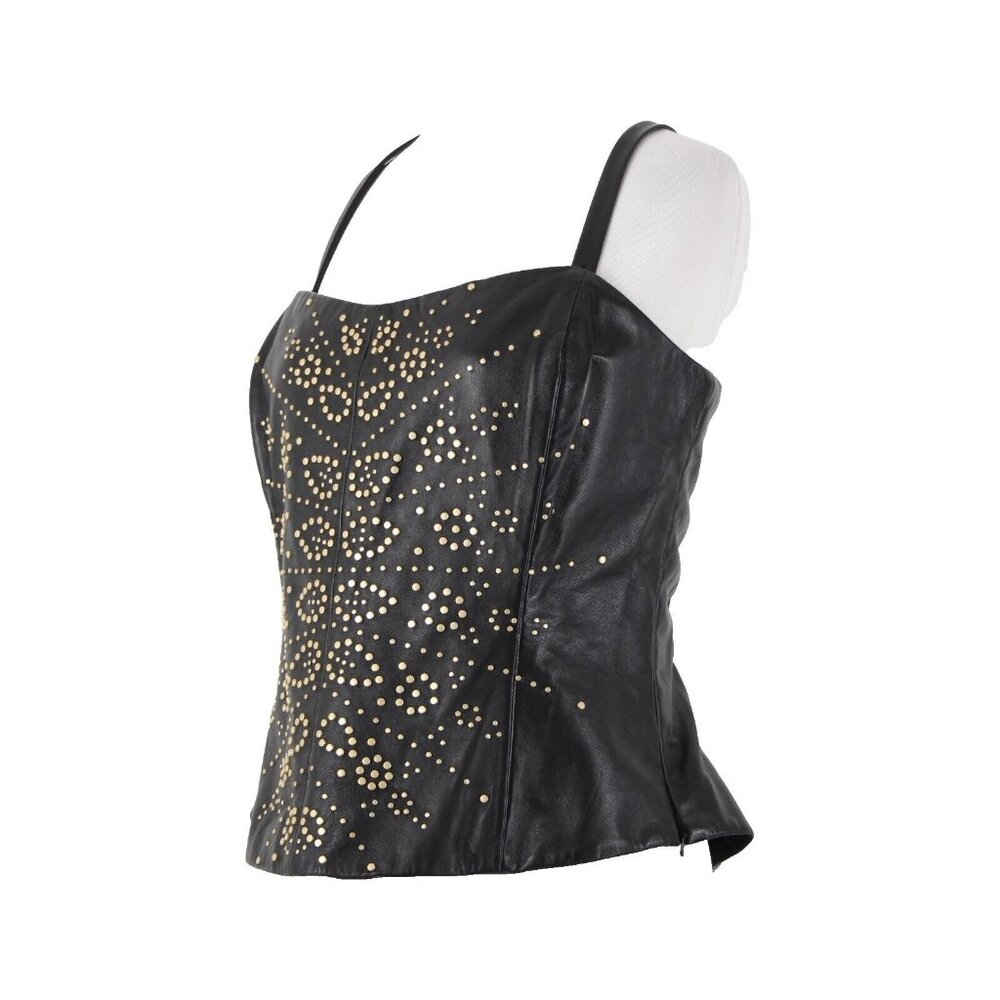 Dana Buchman Sz 12 Black Bronze Lined Studded 100% Leather Poly Lined Corset Top - Picture 2 of 16